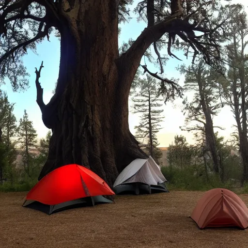 Prompt: camping next to a spooky tree with horses