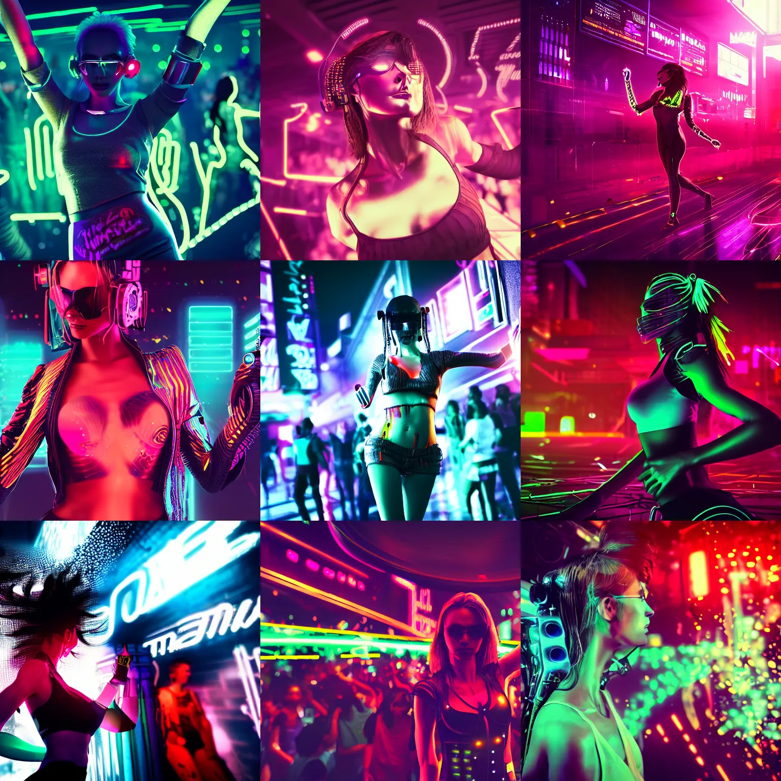 Prompt: closeup of a Cyberpunk woman dancing amid a crowd, neon nightclub, moody, atmospheric, highly detailed digital art, 4K