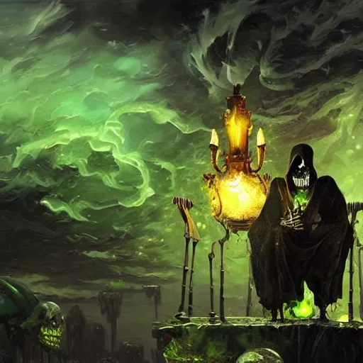 Image similar to A highly detailed oil painting by Greg Rutkowski and Afremov of a skeleton wearing black robes making a potion glowing bright green in a huge bubbling cauldron, highly detailed fantasy concept artwork, very realistic.