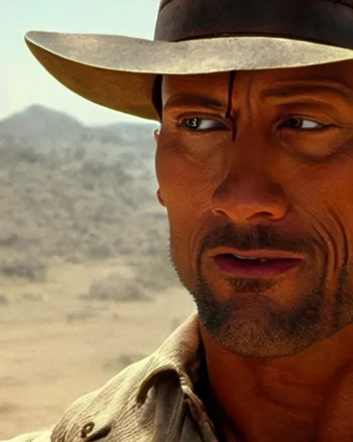 Image similar to Film still close-up shot of Dwayne Johnson as Indiana Jones in the movie Raiders of the Lost Ark. Photographic, photography