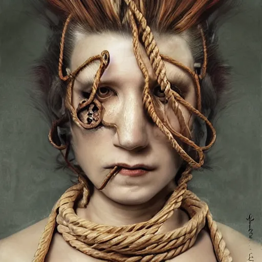 Image similar to portrait of a Shibari rope wrapped face and neck, headshot, insanely nice professional hair style, dramatic hair color, digital painting, of a old 17th century, old cyborg merchant, amber jewels, baroque, ornate clothing, scifi, realistic, hyperdetailed, chiaroscuro, concept art, art by Franz Hals and Jon Foster and Ayami Kojima and Amano and Karol Bak,