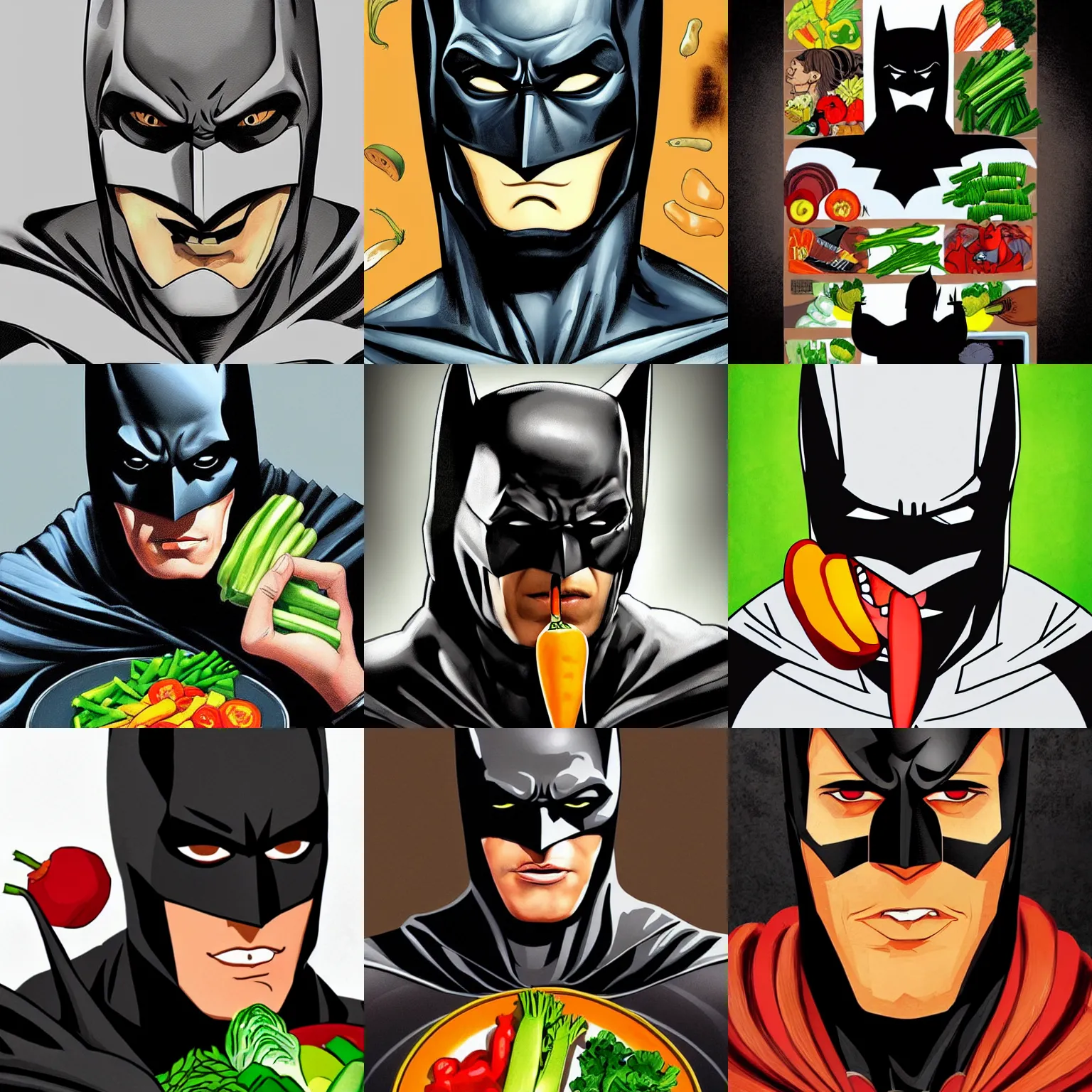 Prompt: A stunning portrait of Batman eating vegetables, Trending on Artstation, 8K