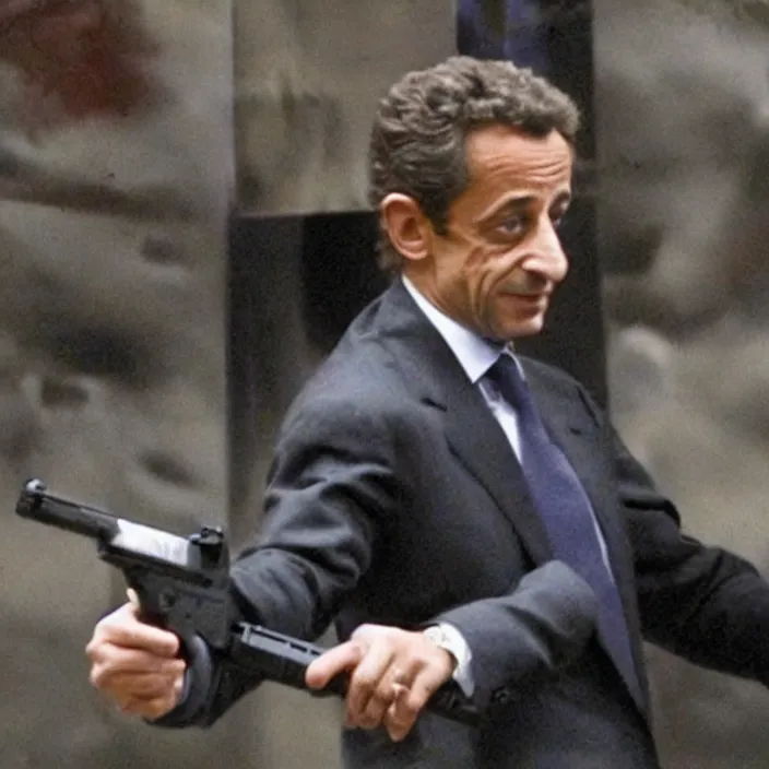 Prompt: picture of Nicolas Sarkozy with a glock, very very low quality security footage heavy grainy picture