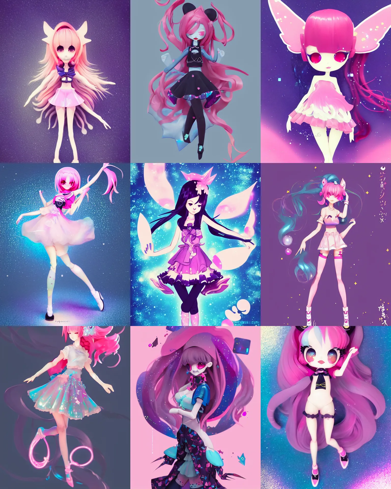 Prompt: loish isolated vinyl figure voluptuous harajuku cute magical girl character design, figure photography, dynamic pose, holographic undertones, motion shapes color design, glitter accents on figure, anime stylized, sharp focus, accurate fictional proportions, high delicate defined details, ethereal lighting, global awarded