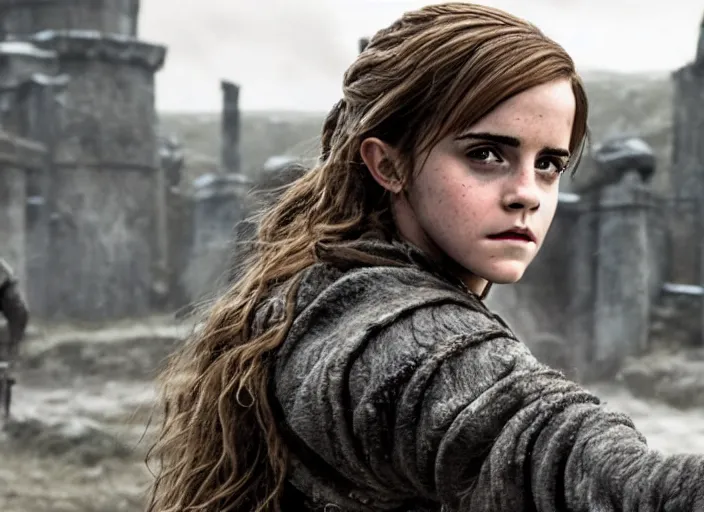 Image similar to emma watson as hermione granger in that infamous game of thrones scene