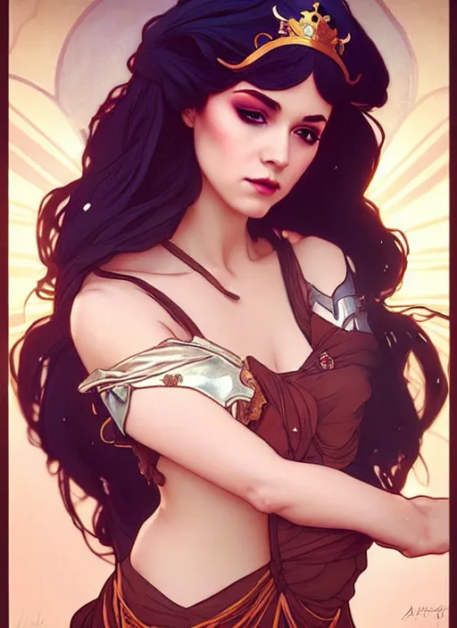 Prompt: rolyat as queen, incredibly detailed face, pretty face, light dress, true anatomy, art by artgerm and greg rutkowski and alphonse mucha