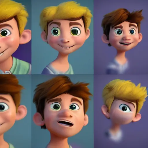 Image similar to A set of 10 images, showing a different emotion in each image, of new cartoon character of a boy in the mix of disney and pixar style, name of the character is chad, 8k, insane details, ultra realistic, octane render, photorealistic, hyperrealism