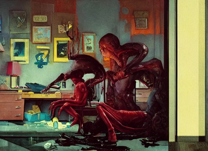 Prompt: a still from home alone by francis bacon, surreal, norman rockwell and james jean, greg hildebrandt, triadic color scheme, by greg rutkowski, in the style of francis bacon and edward hopper and beksinski, dark surrealism, grand theft auto video game, a still from the film alien