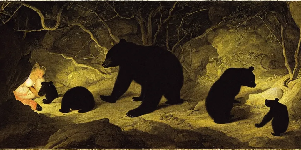 Image similar to viewer looking into dark cave and seeing a mother bear and her cubs sleeping, night time, artwork by Pieter Claesz, impressionism