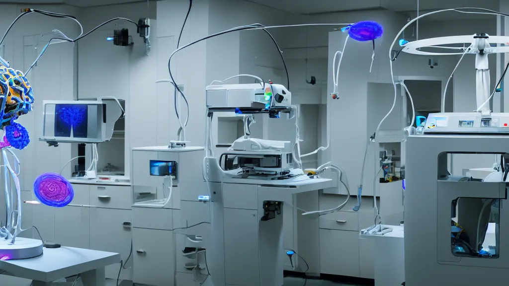 Image similar to a complex bifurcated surgical arm mri 3 d printer machine making colorful mutant forms with control panels in the laboratory inspection room, film still from the movie directed by denis villeneuve with art direction by salvador dali, wide lens