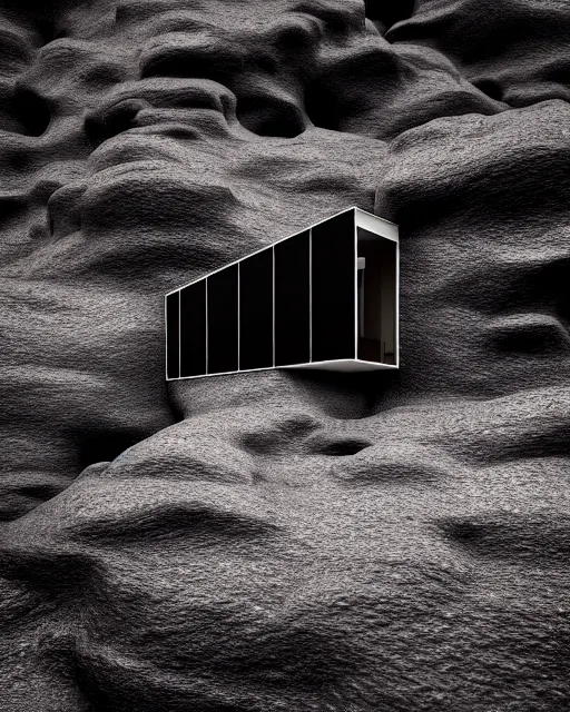 Image similar to tall black geometric house, embedded in lava cliff, full view, black house, molten metal house, minimal, rippled white landscape, dwarven architecture, light from molten iron, octane render, hyper realistic, 8 k, octane render