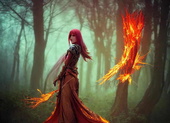 Prompt: full body portrait sylvanas windrunner, giant tree catching fire, magical, emotional, concept art, art nouveau, inspired by reylia slaby, peter gric, volumetric lighting, intricate, ornate