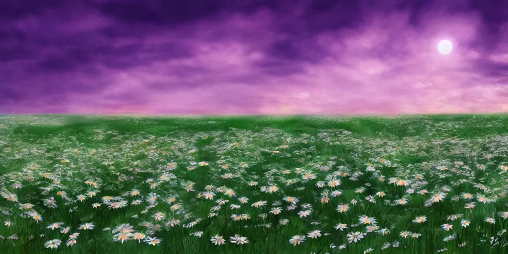 Image similar to field of green daisies, purple sky in background, matte painting