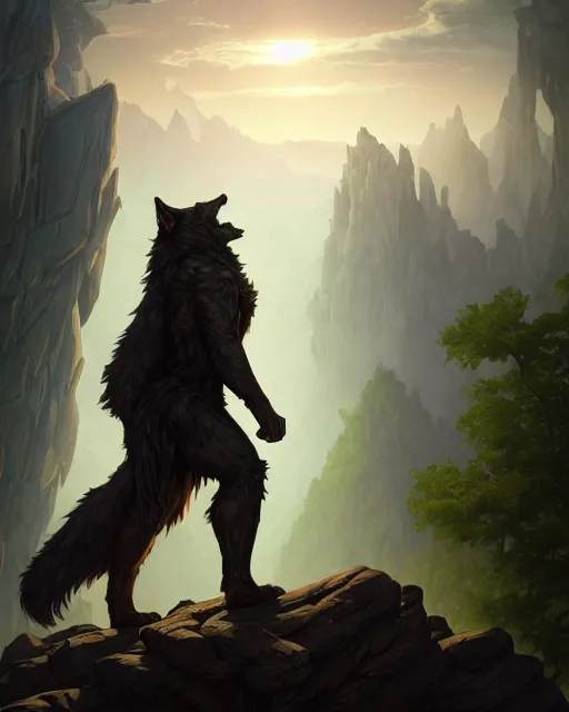 Image similar to werewolf standing on a cliff, backlight, rim lighting, deep focus, d & d, fantasy, intricate, elegant, highly detailed, digital painting, artstation, concept art, matte, sharp focus, illustration, hearthstone, art by artgerm and greg rutkowski and alphonse mucha