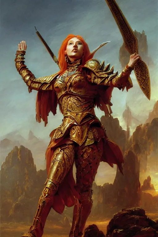 Prompt: beautiful female warrior, half body portrait, ginger hair, ornate armour, hand outstretched and pointing to the distance, realistic oil painting by Thomas Cole and Wayne Barlowe