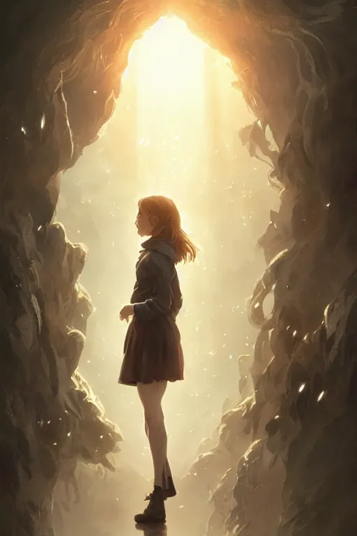 Image similar to Poster artwork, Emma Watson as Hermione Granger, fading, dissolving into light, vanishing, magnificent, medium shot, close up, details, sharp focus, elegant, highly detailed, illustration, by Jordan Grimmer and greg rutkowski and PiNe(パイネ) and 薯子Imoko and 香川悠作 and wlop!! and maya takamura, intricate, beautiful, Trending artstation, pixiv, digital Art