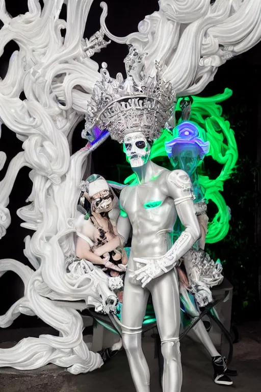 Prompt: full-body rococo and cyberpunk style neon statue of a young attractive Tanner Buchanan wearing cholo shades macho android sim roupa reclining con las piernas abertas, glowing white lasers, glowing eyes, white prince crown, black gears, diamonds, swirling mint-colored silk fabric. futuristic elements. full-length view. human skulls. large intricate artwork by caravaggio. Trending on artstation, octane render, cinematic lighting from the right, hyper realism, octane render, 8k, depth of field, 3D