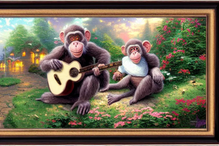 Prompt: thomas kinkade painting of the musical jolly chimp in monkey shines