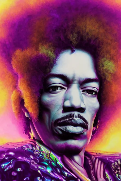 Image similar to A Weirdcore Mesmerizing 8k hyperrealistic Photo Portrait of Jimi Hendrix, floating in purple iridescent mycelum solarpunk cathedral, surrounded by purple haze, By Ayami Kojima, Daytoner, Greg Tocchini, James Jean,Yoshitaka Amano. Subsurface scattering. Octane Render.