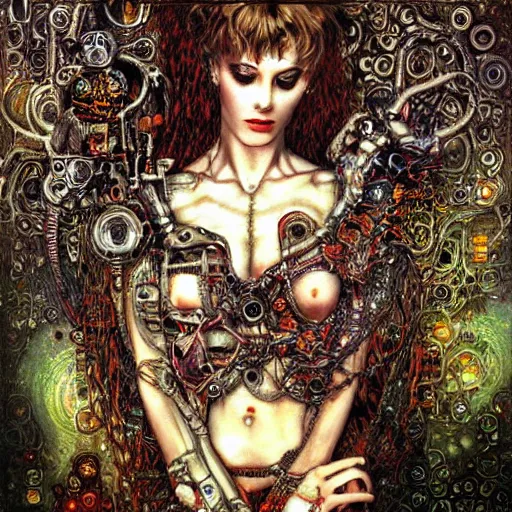 Image similar to cybernetic demon dreaming, lsd, circuitry, intricate detail, klimt, royo,