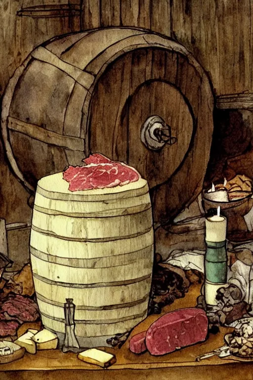 Image similar to pork, meat, schnapps, cheese, candle on a barrel in a cellar, watercolor painting by anderz zorn and carl larsson