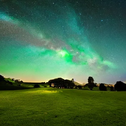 Image similar to An emerald green meadow filled with ancient structures with a cosmic sky full of stars and swirling lights