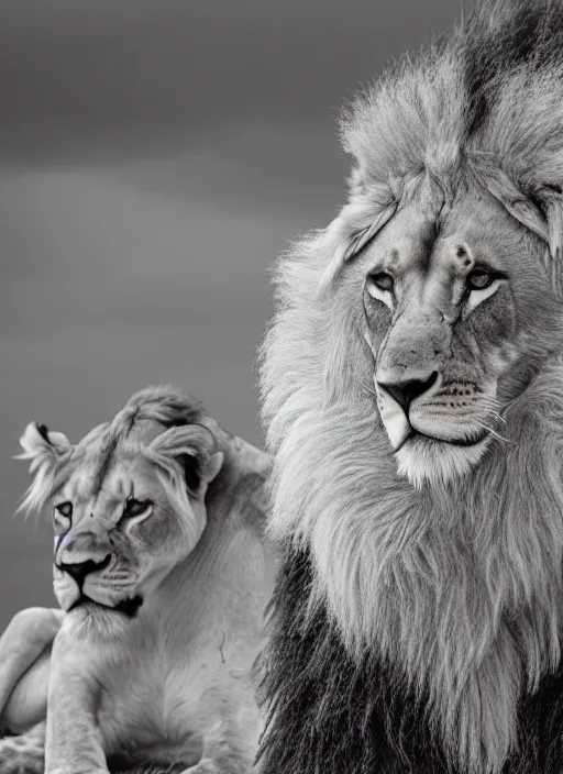 Image similar to close up lion and lioness black and white portrait white sky in background