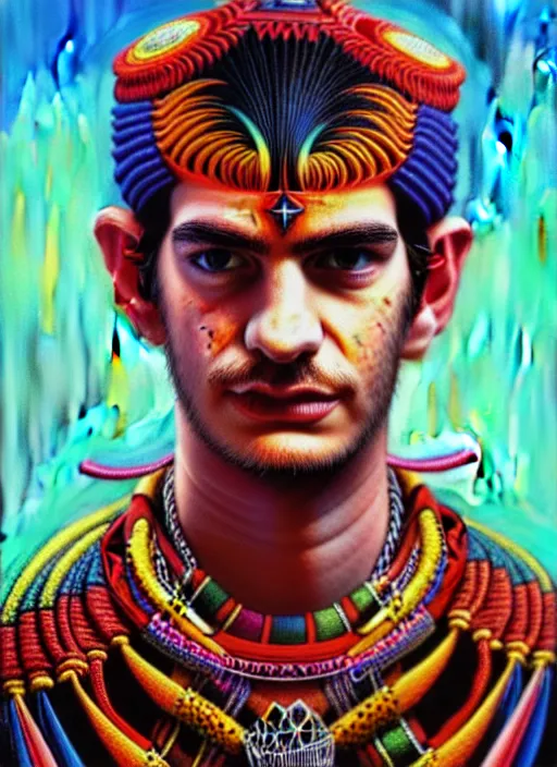 Image similar to portrait of andrew garfield, hyper detailed ultra sharp aztec shaman warrior. trending on artstation, warpaint aesthetic, bloodwave, colorful, psychedelic, ornate, intricate, digital painting, concept art, smooth, sharp focus, illustration, art by artgerm and greg rutkowski and h. r. giger, 8 k