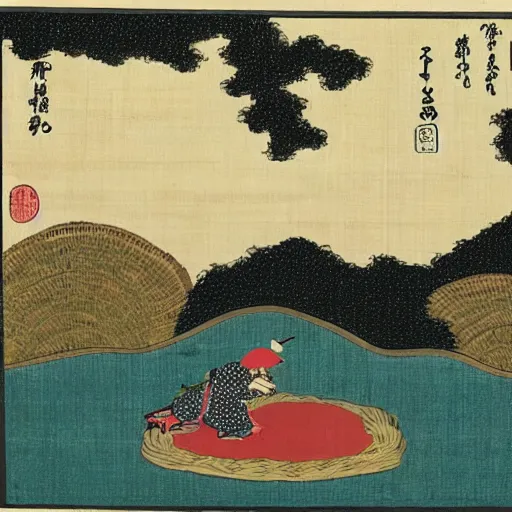 Image similar to a farm next to a lake in the style of ukiyo - e