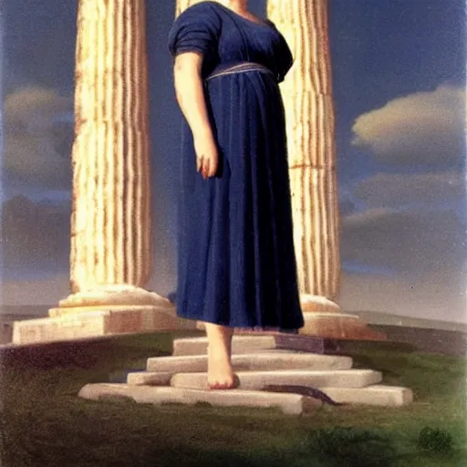 Prompt: a woman in a long dark blue dress is standing in front of a greek temple, by carel willink