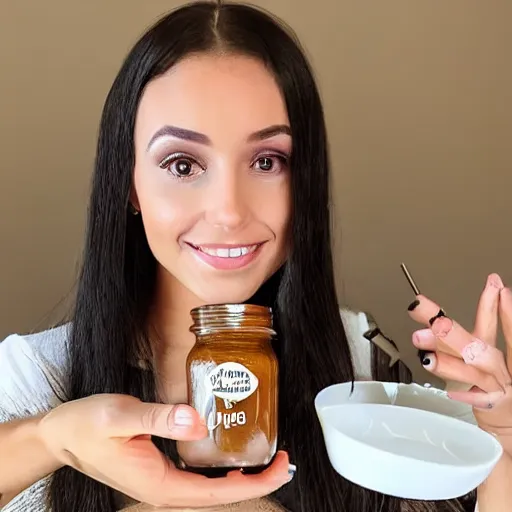 Image similar to extremely beautiful instagram influencer, young woman, desperate to sell her health coaching to an audience, visibly frustrated, snake oil in a jar on a table