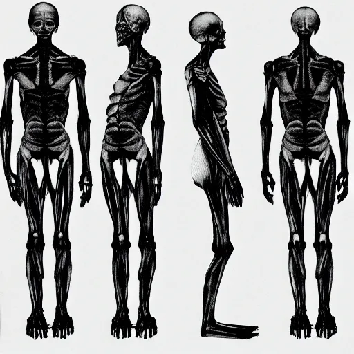 Prompt: SCP-096 is a humanoid creature measuring approximately 2.38 meters in height. Subject shows very little muscle mass, with preliminary analysis of body mass suggesting mild malnutrition. Arms are grossly out of proportion with the rest of the subject's body, with an approximate length of 1.5 meters each. Skin is mostly devoid of pigmentation, with no sign of any body hair.