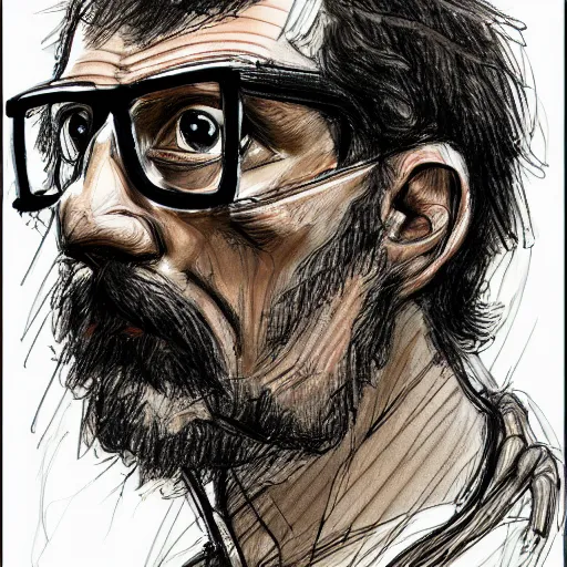 Image similar to a realistic yet scraggly portrait sketch of the side profile of a stern and sophisticated gordon freeman, trending on artstation, intricate details, in the style of frank auerbach, in the style of sergio aragones, in the style of martin ansin, in the style of david aja, in the style of mattias adolfsson