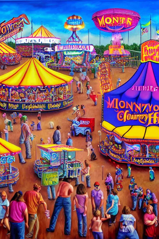 Prompt: a hyperrealistic painting of a monsters day at the county fair, cinematic horror by jimmy alonzo, lisa frank, the art of skinner, highly detailed, vivid color,