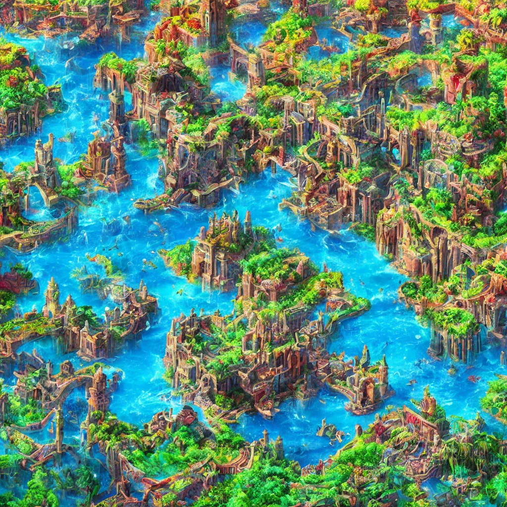 Image similar to lost city of atlantis, hyper realism, colorful, 8 k, realistic, psychedelic