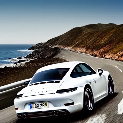 Prompt: an action photograph of a singer porsche driving along the pacific coast highway, ocean in the background, 8 k,