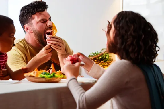 Prompt: a man unhinging his jaw while eating dinner with his family