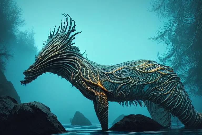 Image similar to creature in a alaska, water reflection, backlit, warm tones, bioluminescent bioluminescent translucent translucent : : by michal karcz, daniel merriam, victo ngai and guillermo del toro : : ornate, dynamic, particulate, intricate, elegant, highly detailed, centered, artstation, smooth, sharp focus, octane render, 3 d