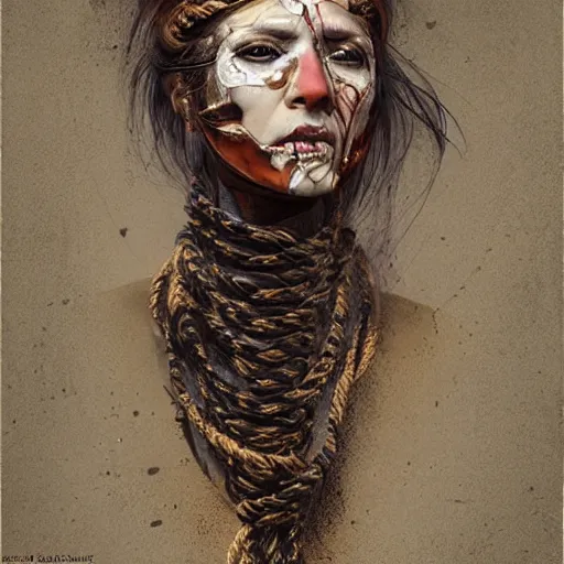 Image similar to portrait of a Shibari rope wrapped face and neck, headshot, insanely nice professional hair style, dramatic hair color, face paint half and half, digital painting, of a old 15th century, old cyborg merchant, amber jewels, baroque, ornate clothing, scifi, realistic, hyperdetailed, chiaroscuro, concept art, art by Franz Hals and Jon Foster and Ayami Kojima and Amano and Karol Bak,