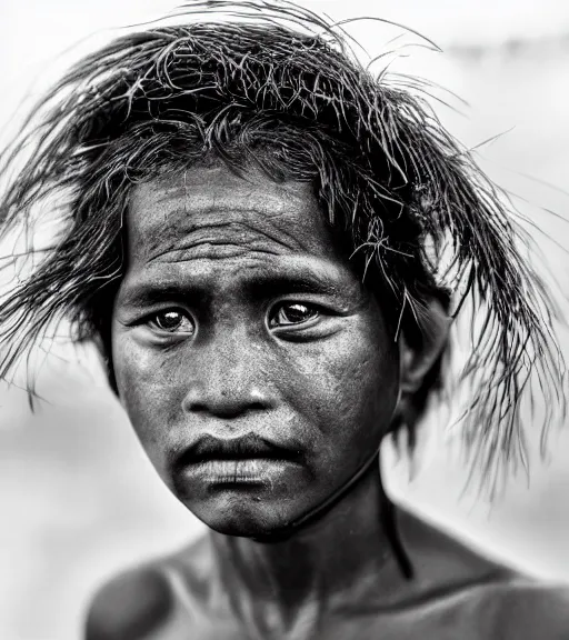 Image similar to Award winning reportage photo of Tuvalu Natives with incredible hair and beautiful hyper-detailed eyes wearing traditional garb by Lee Jeffries, 85mm ND 5, perfect lighting, gelatin silver process