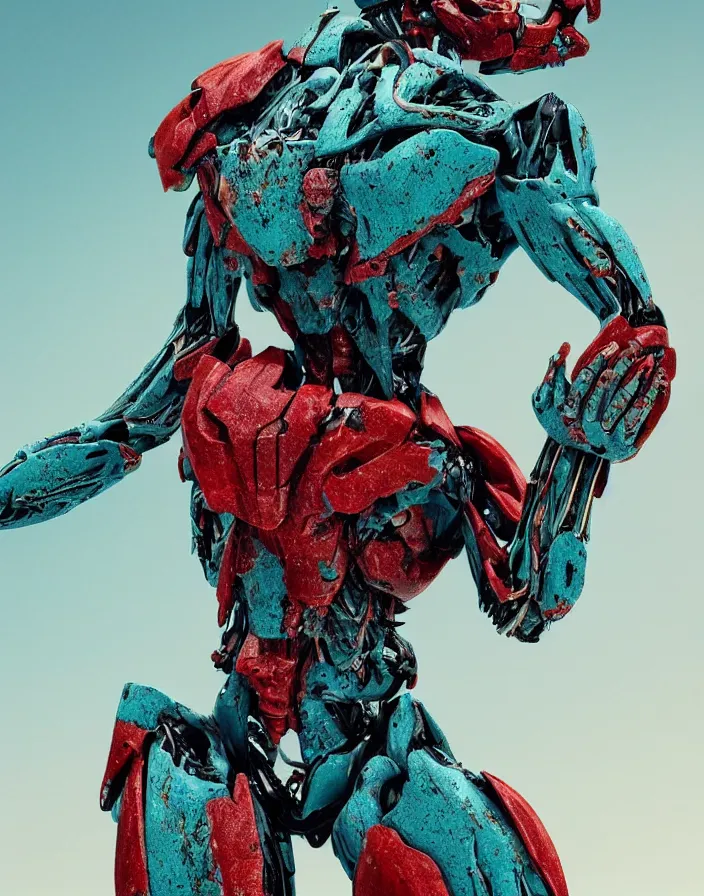 Prompt: positing on rock Guyver!!!with many biomechanical details, full lenght view. white plastic, skull, muscles, tumors, veins, biomech. Vogue magazine. halo. octane rendering, cinematic, hyperrealism, octane rendering, 8k, depth of field, bokeh. iridescent accents. vibrant. teal gold and red color scheme