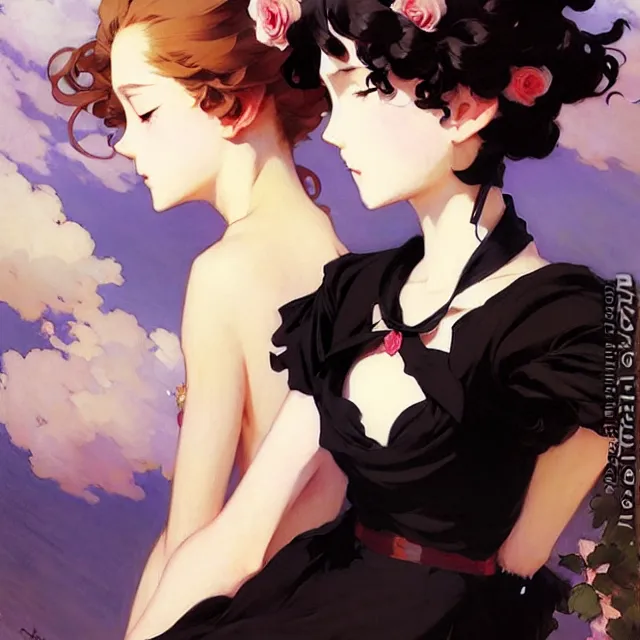 Image similar to beautiful rose anime girl in elegent black dress, krenz cushart, mucha, ghibli, by joaquin sorolla rhads leyendecker, by ohara koson