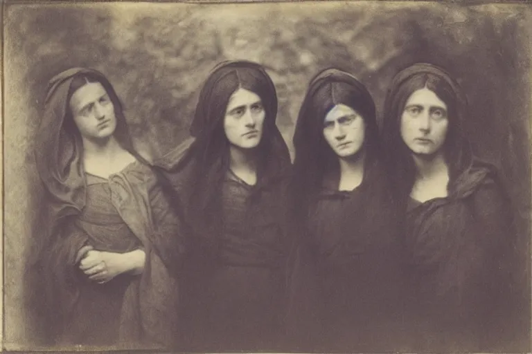 Prompt: three young women at the sepulchre, julia margaret cameron