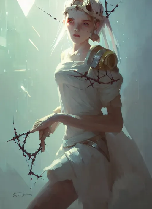 Image similar to portrait of cute angel maiden girl with crown of thorns and white short hairs, warhammer, cyberpunk, by atey ghailan, by greg rutkowski, by greg tocchini, by james gilleard, by joe gb fenton, by kaethe butcher, dynamic lighting, gradient light blue, brown, blonde cream and white color in scheme, grunge aesthetic