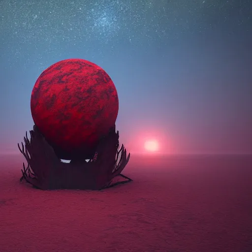 Image similar to new planet, red, red sky, depth, creepy, monsters, eyes, graveyard, death, dead, red eyes, 8k, hyperrealistic, depth, vray, high resoulution, deathly