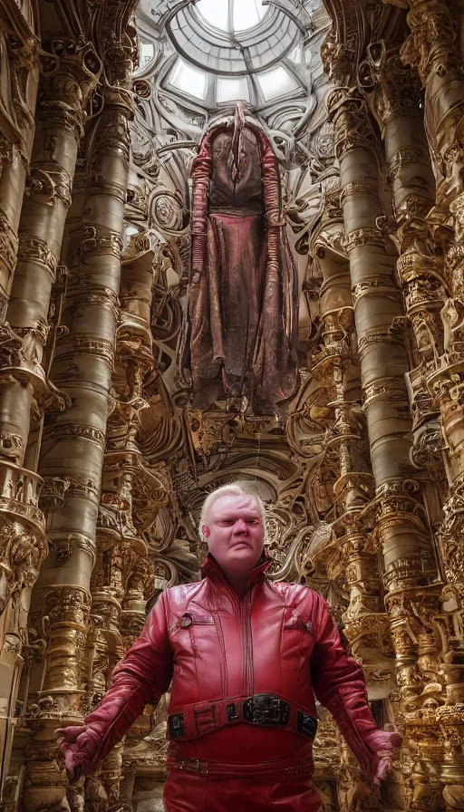 Image similar to Kenneth McMillan as baron harkonnen with red hair dressed in a leather spacesuit standing in front of a giant throne in a huge ornate baroque futuristic room with a low ceiling, marble pillars, beautiful tiled floor, inspired by leyendecker, zdzislaw beksinski, giger, lawrence alma-tadema, 4k, dune concept art, sung choi, artstation photoreal, subdued colours, highly detailed