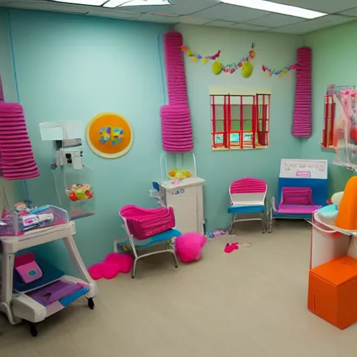 Prompt: photo of a hospital room made out of soft candy, candy equipment, candy hospital room