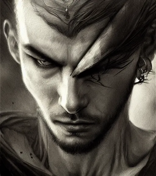 Prompt: brutal man, beautiful piercing eyes, realistic face, black and white drawing, in the style of greg rutkowski, fantasy, amazing detail, epic, intricate, elegant, smooth, sharp focus