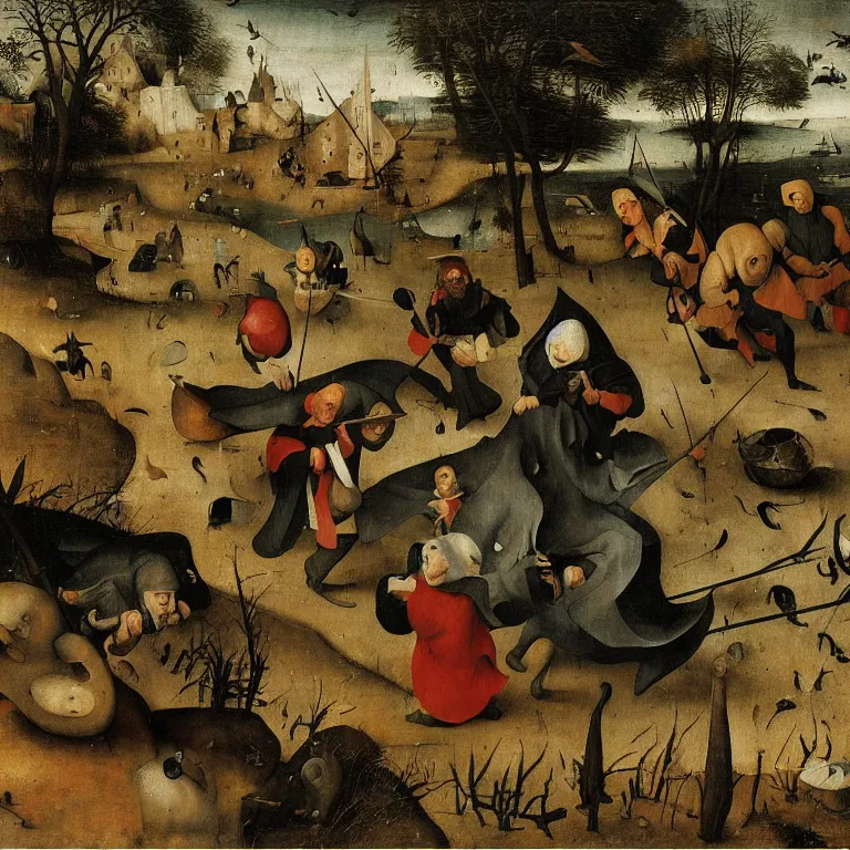 Image similar to The medium shot of three sarcastic mans with fishes running away with a small profit of money, thinking they've made a great deal, Grim Reaper laughs and follow them, by Hieronymus Bosch and Pieter Bruegel, super detailed oil painting, proportional faces, hyper realistic, 4k, masterpiece