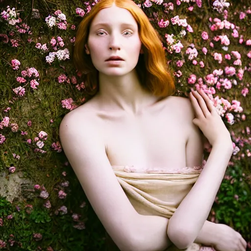 Prompt: photographic portrait of a stunningly beautiful english renaissance female emerging from a wall. of flowers, in soft dreamy light at sunset, beside the river, soft focus, contemporary fashion shoot, hasselblad nikon, in a denis villeneuve movie, by edward robert hughes, annie leibovitz and steve mccurry, david lazar, jimmy nelsson, hyperrealistic, perfect face